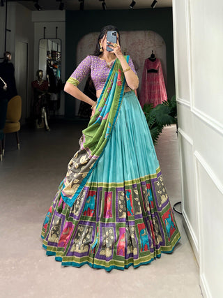 Sky Green Ethereal Elegance Kalamkari Tussar Silk Lehenga Set