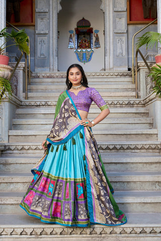 Sky Green Ethereal Elegance Kalamkari Tussar Silk Lehenga Set