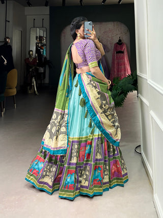 Sky Green Ethereal Elegance Kalamkari Tussar Silk Lehenga Set