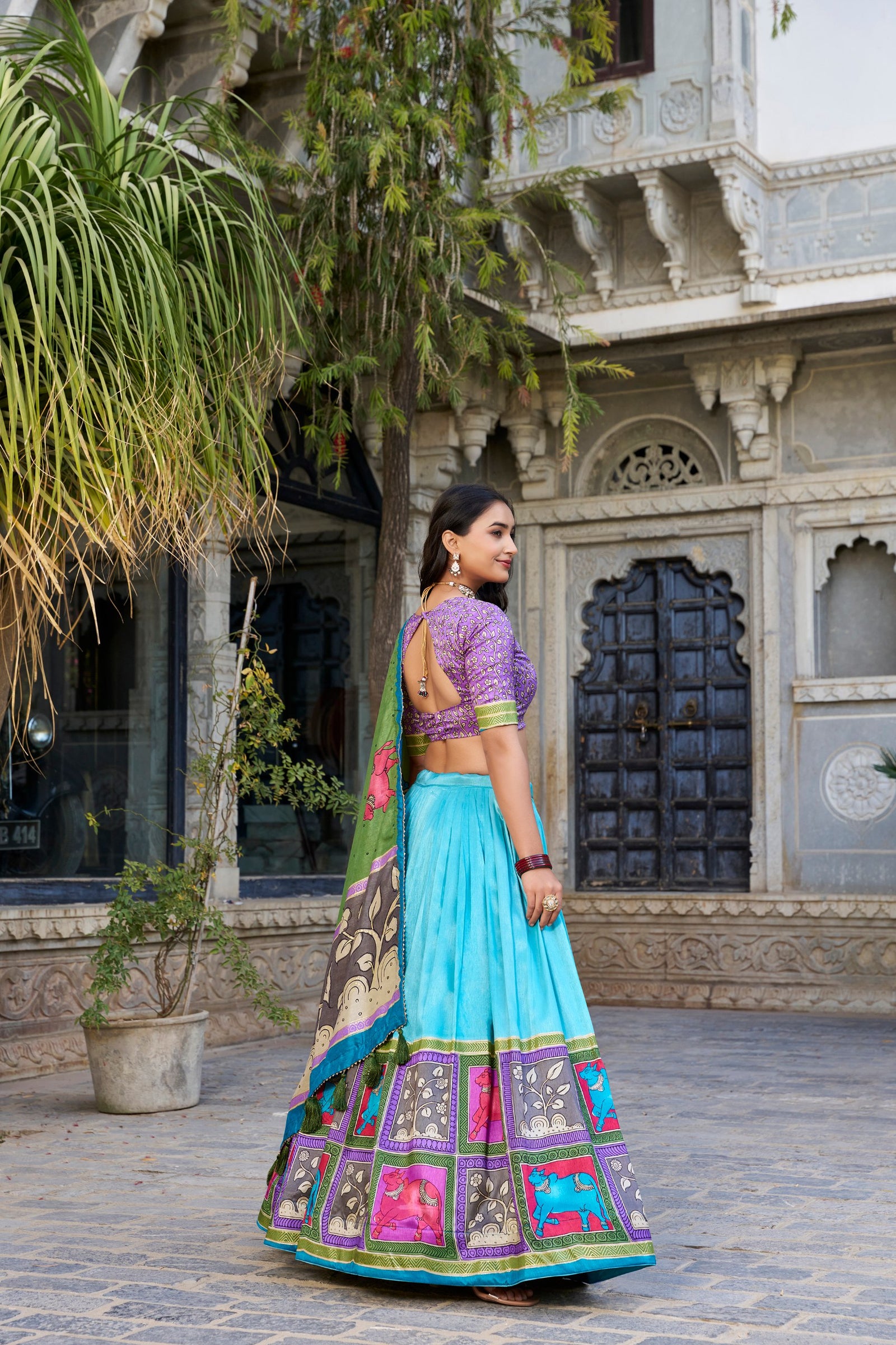 Sky Green Ethereal Elegance Kalamkari Tussar Silk Lehenga Set