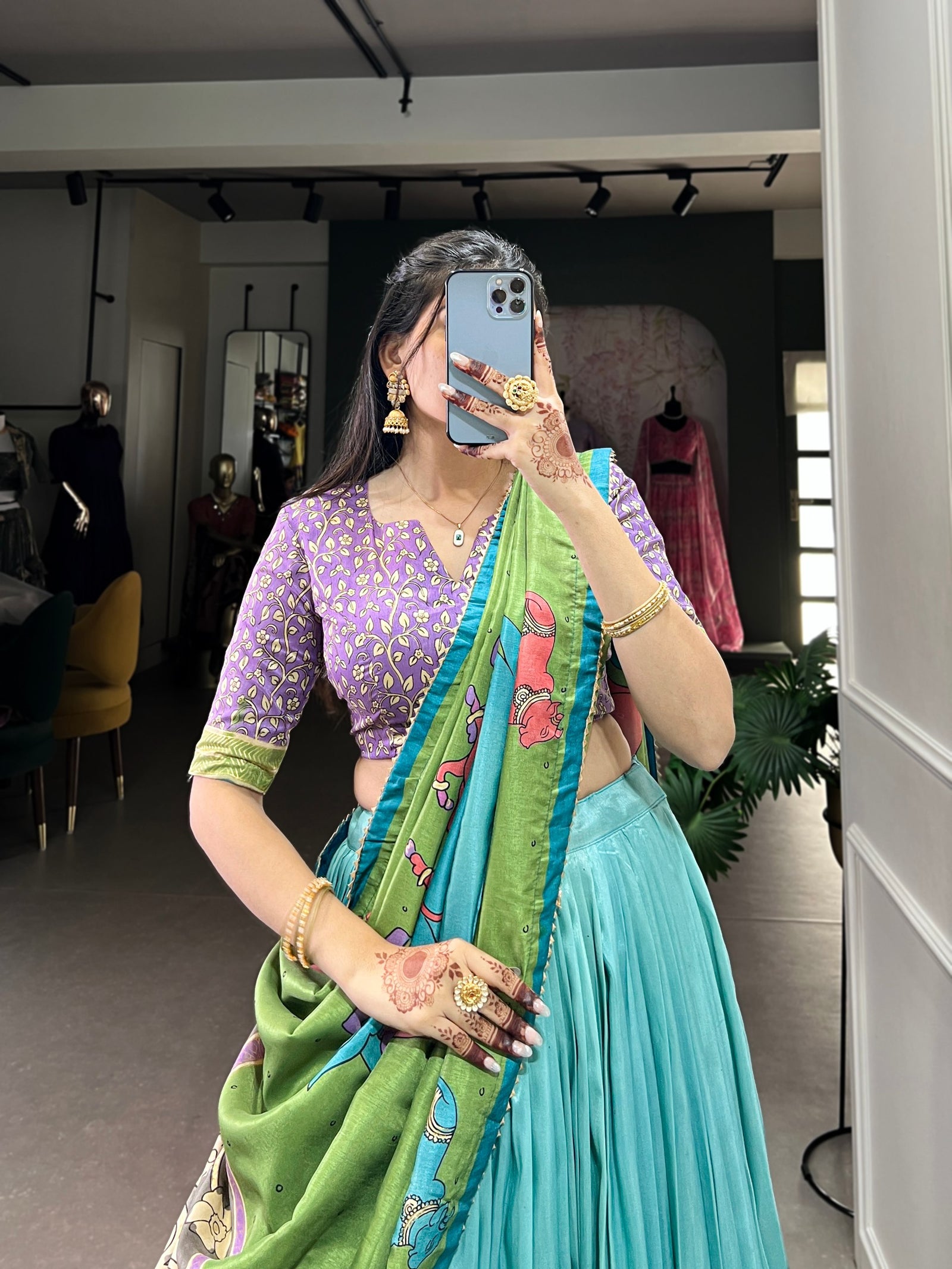 Sky Green Ethereal Elegance Kalamkari Tussar Silk Lehenga Set