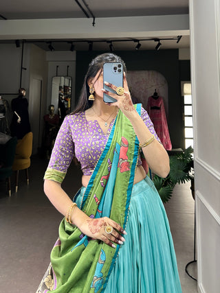 Sky Green Ethereal Elegance Kalamkari Tussar Silk Lehenga Set