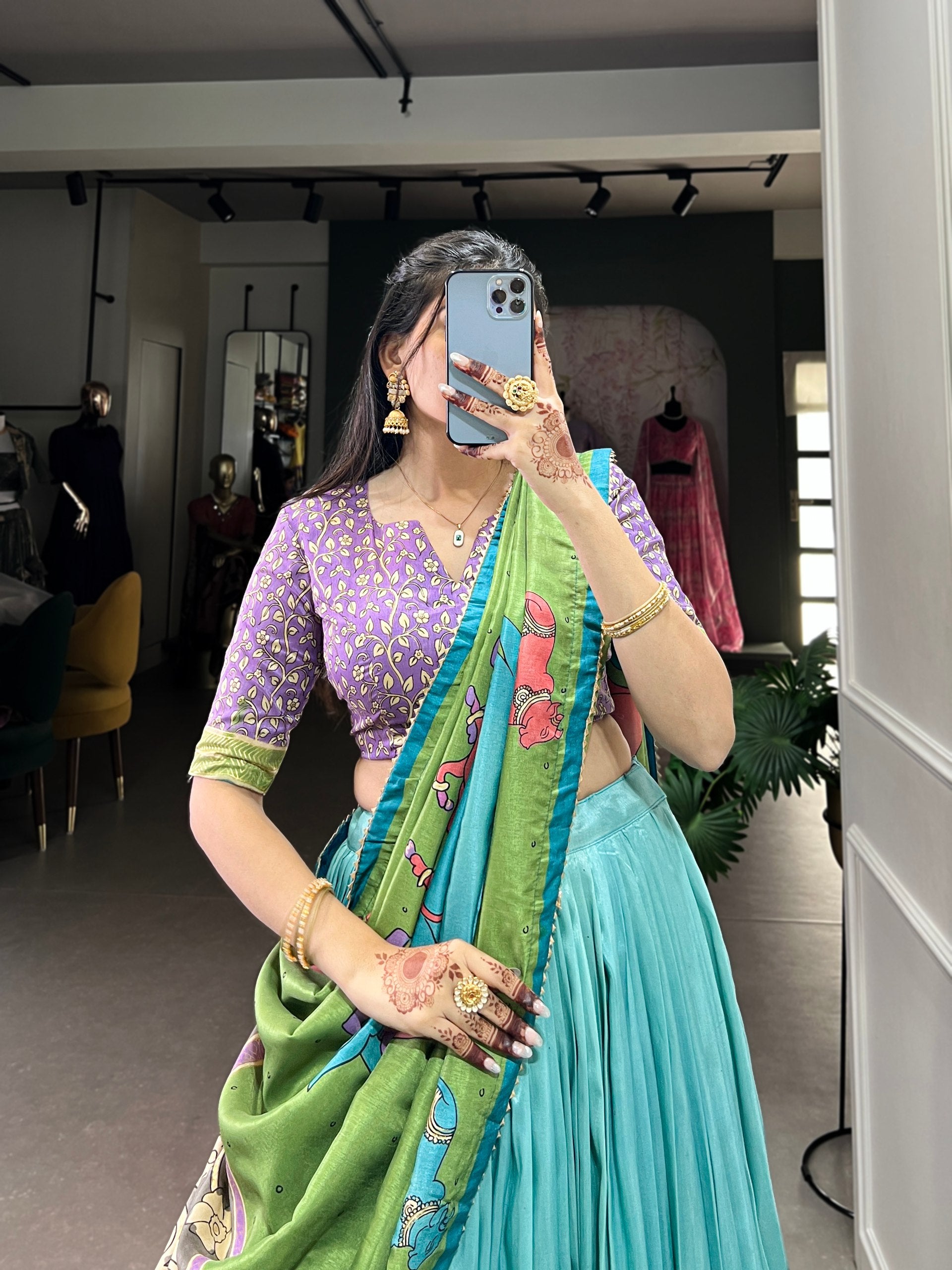 Sky Green Ethereal Elegance Kalamkari Tussar Silk Lehenga Set