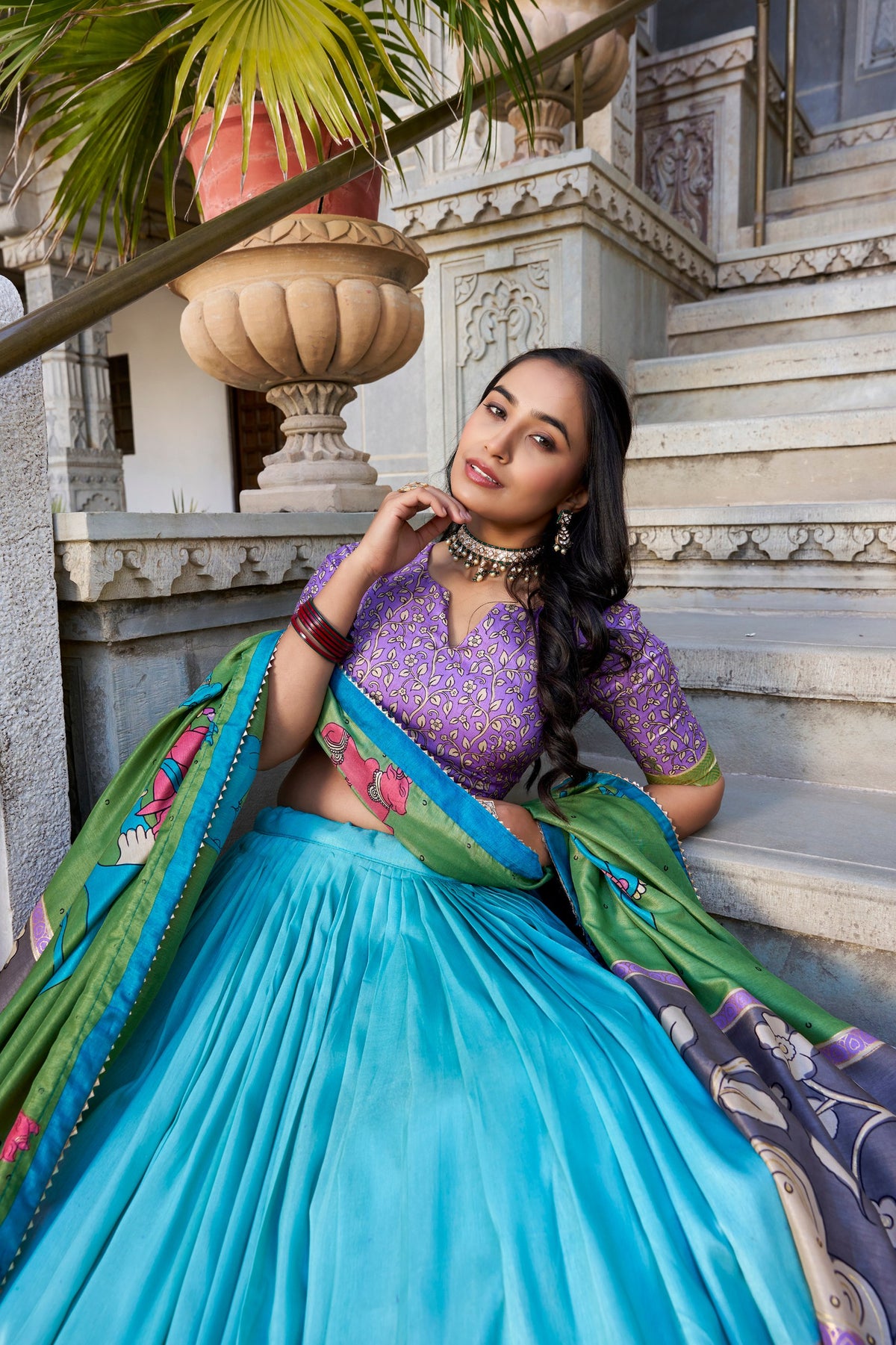 Sky Green Ethereal Elegance Kalamkari Tussar Silk Lehenga Set