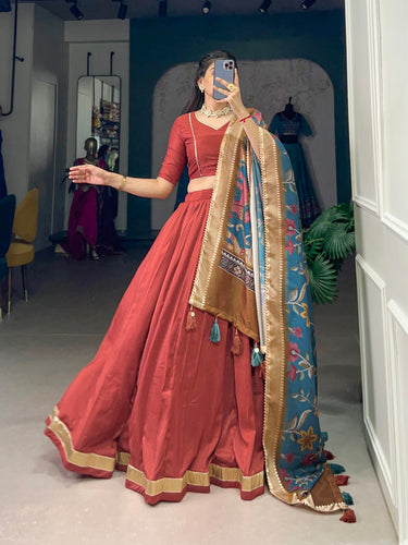 Sky Light Maroon Chinon Silk Plain Lehenga Set with Lace Detailing & Tussar Silk Dupatta