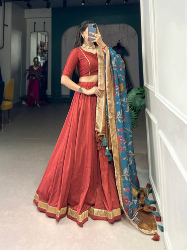 Sky Light Maroon Chinon Silk Plain Lehenga Set with Lace Detailing & Tussar Silk Dupatta