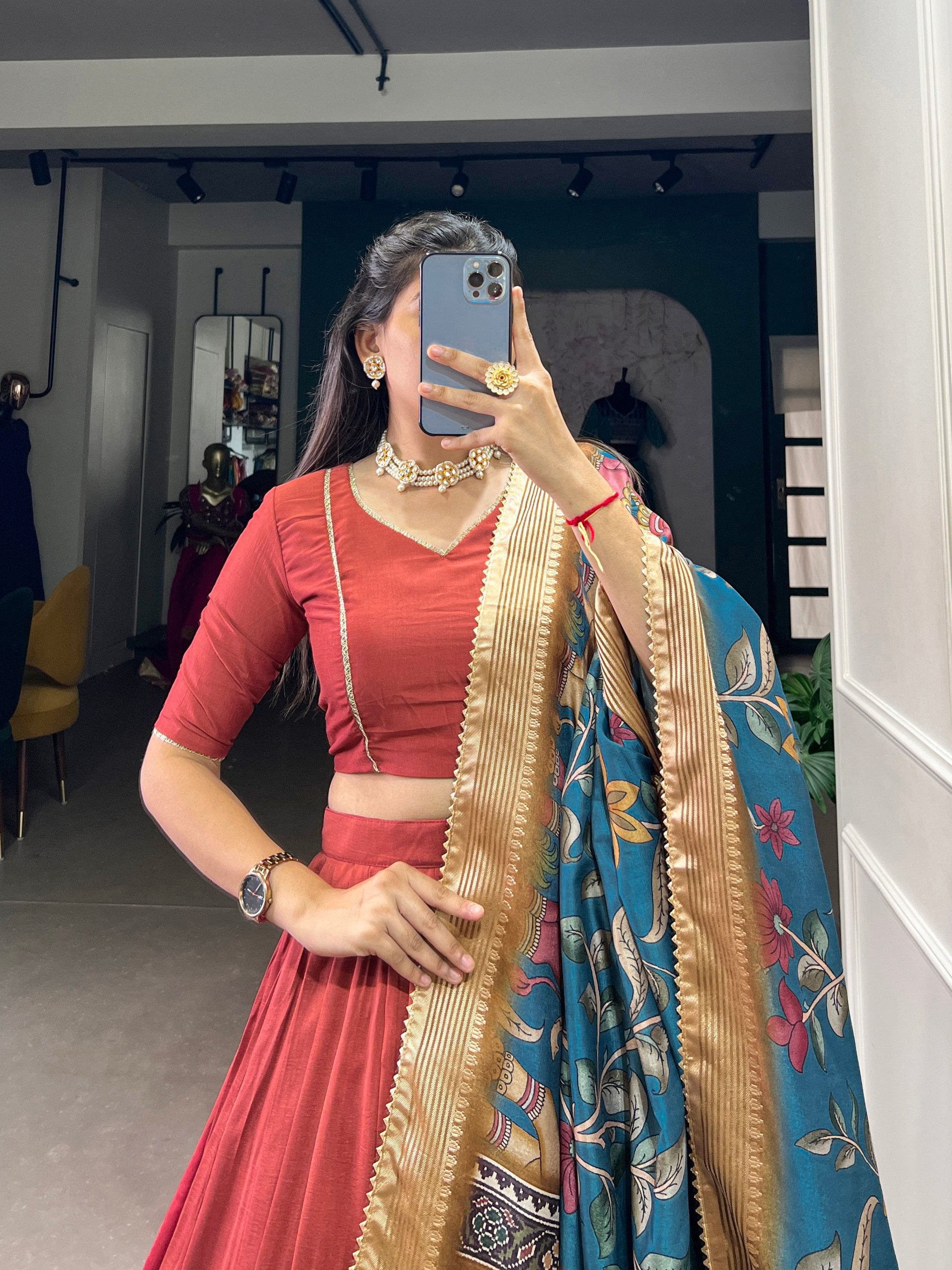 Sky Light Maroon Chinon Silk Plain Lehenga Set with Lace Detailing & Tussar Silk Dupatta