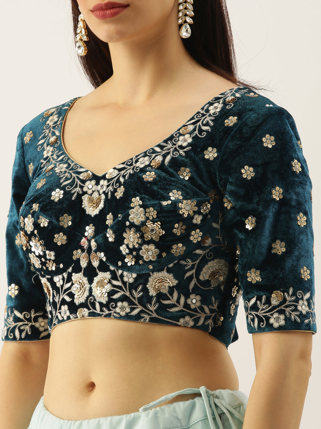 Sky - Net Floral Work Semi-Stitched Lehenga Clothsvilla
