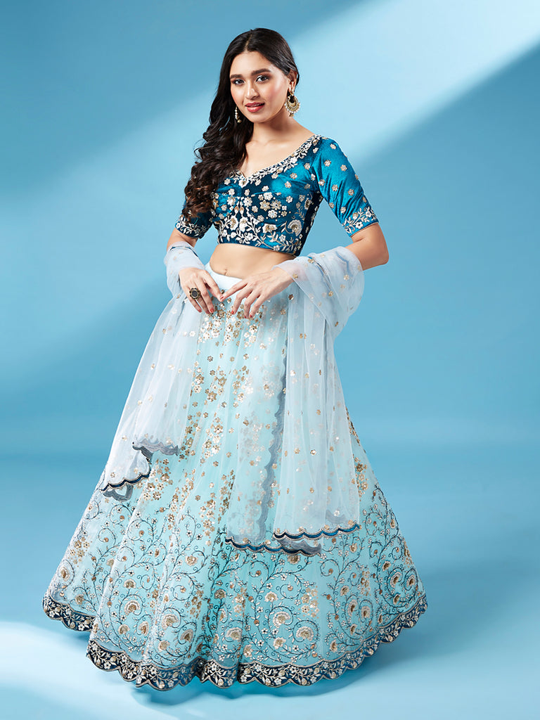 Sky - Net Floral Work Semi-Stitched Lehenga Clothsvilla