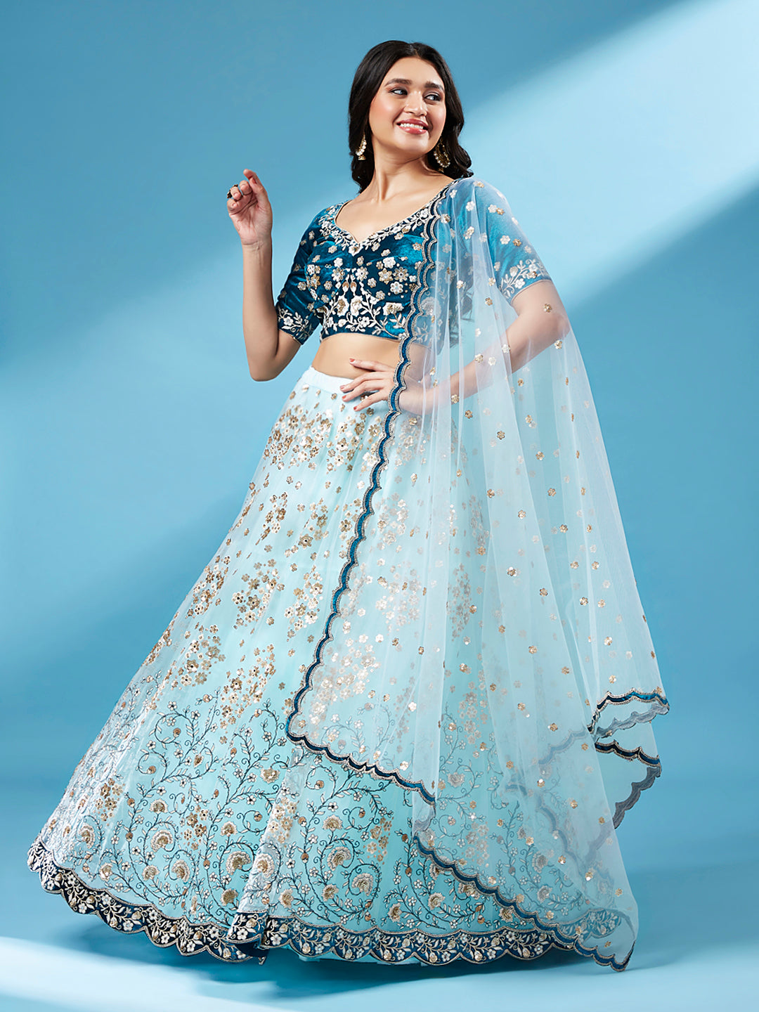 Sky - Net Floral Work Semi-Stitched Lehenga Clothsvilla
