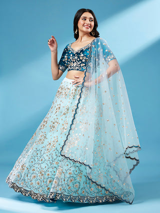 Sky - Net Floral Work Semi-Stitched Lehenga Clothsvilla