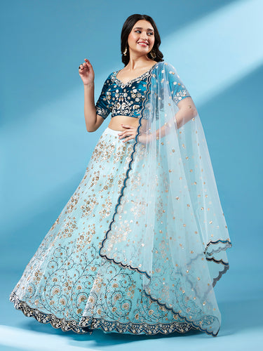 Sky - Net Floral Work Semi-Stitched Lehenga Clothsvilla