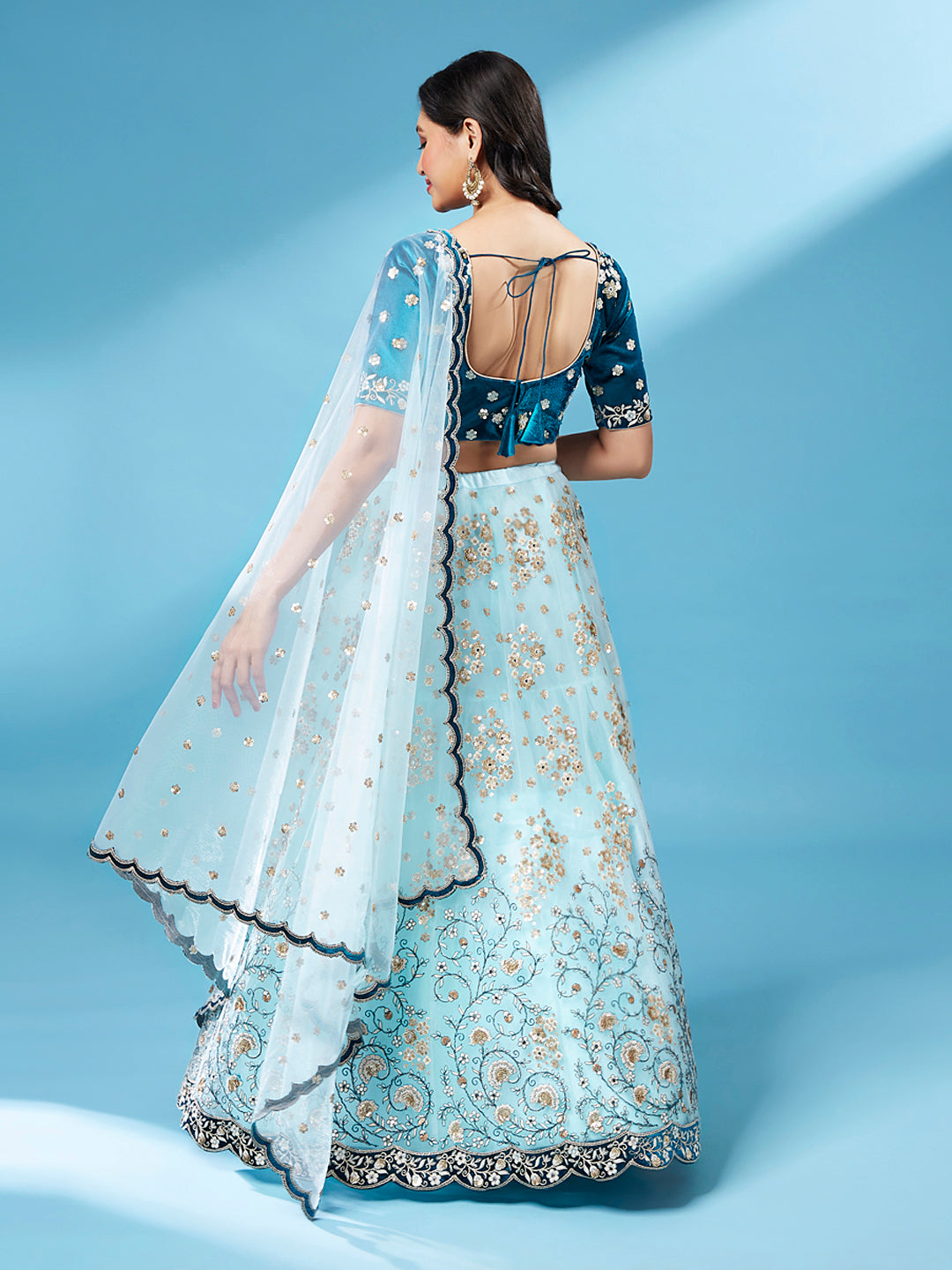 Sky - Net Floral Work Semi-Stitched Lehenga Clothsvilla