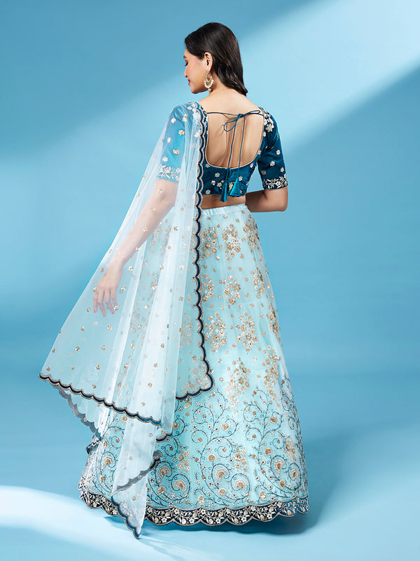 Sky - Net Floral Work Semi-Stitched Lehenga Clothsvilla