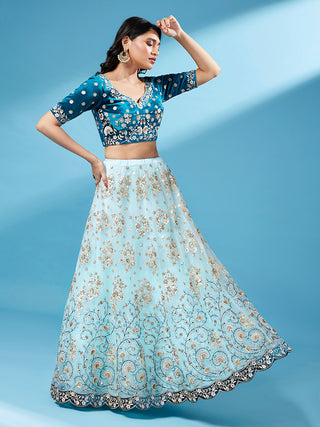 Sky - Net Floral Work Semi-Stitched Lehenga Clothsvilla