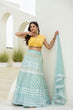 Load image into Gallery viewer, Sky &amp; Yellow Graceful Organza Lehenga Set with Sequins &amp; Foil Embroidery – Semi-Stitched Lehenga, Unstitched Blouse &amp; Net Dupatta ClothsVilla