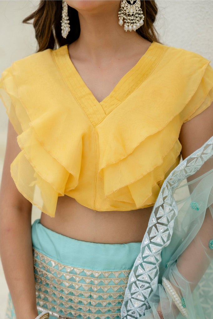 Sky & Yellow Graceful Organza Lehenga Set with Sequins & Foil Embroidery – Semi-Stitched Lehenga, Unstitched Blouse & Net Dupatta ClothsVilla