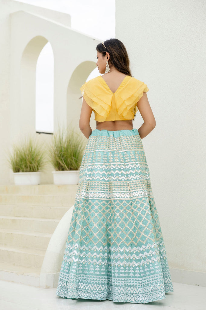Sky & Yellow Graceful Organza Lehenga Set with Sequins & Foil Embroidery – Semi-Stitched Lehenga, Unstitched Blouse & Net Dupatta ClothsVilla