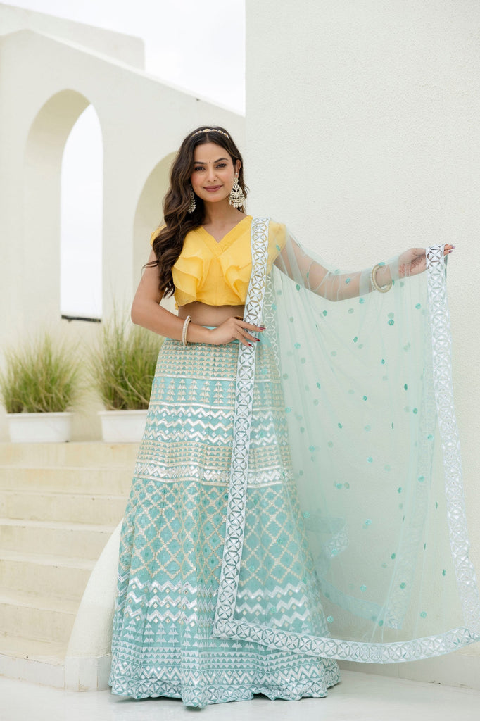 Sky & Yellow Graceful Organza Lehenga Set with Sequins & Foil Embroidery – Semi-Stitched Lehenga, Unstitched Blouse & Net Dupatta ClothsVilla