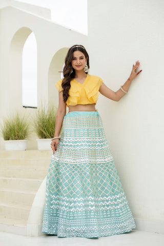 Sky & Yellow Graceful Organza Lehenga Set with Sequins & Foil Embroidery – Semi-Stitched Lehenga, Unstitched Blouse & Net Dupatta ClothsVilla