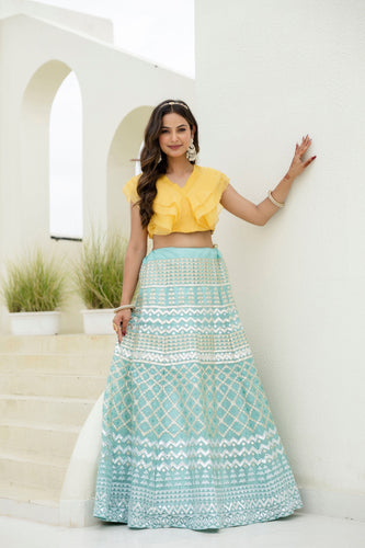 Sky & Yellow Graceful Organza Lehenga Set with Sequins & Foil Embroidery – Semi-Stitched Lehenga, Unstitched Blouse & Net Dupatta ClothsVilla