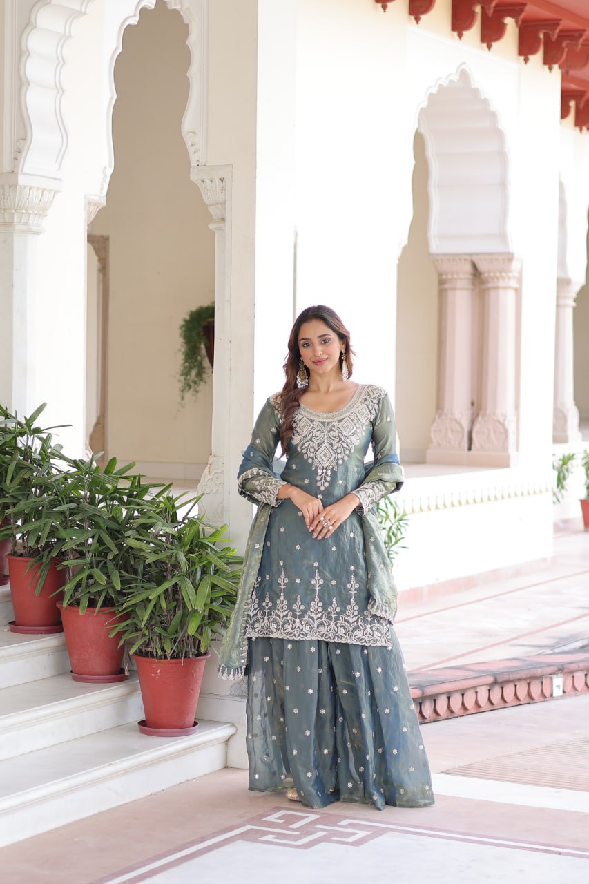 Smoke Gray Fendi Silk Coding Sequins Embroidered Kurti with Sharara & Designer Dupatta – Full Cotton Inner Party & Festive Wear Set ClothsVilla