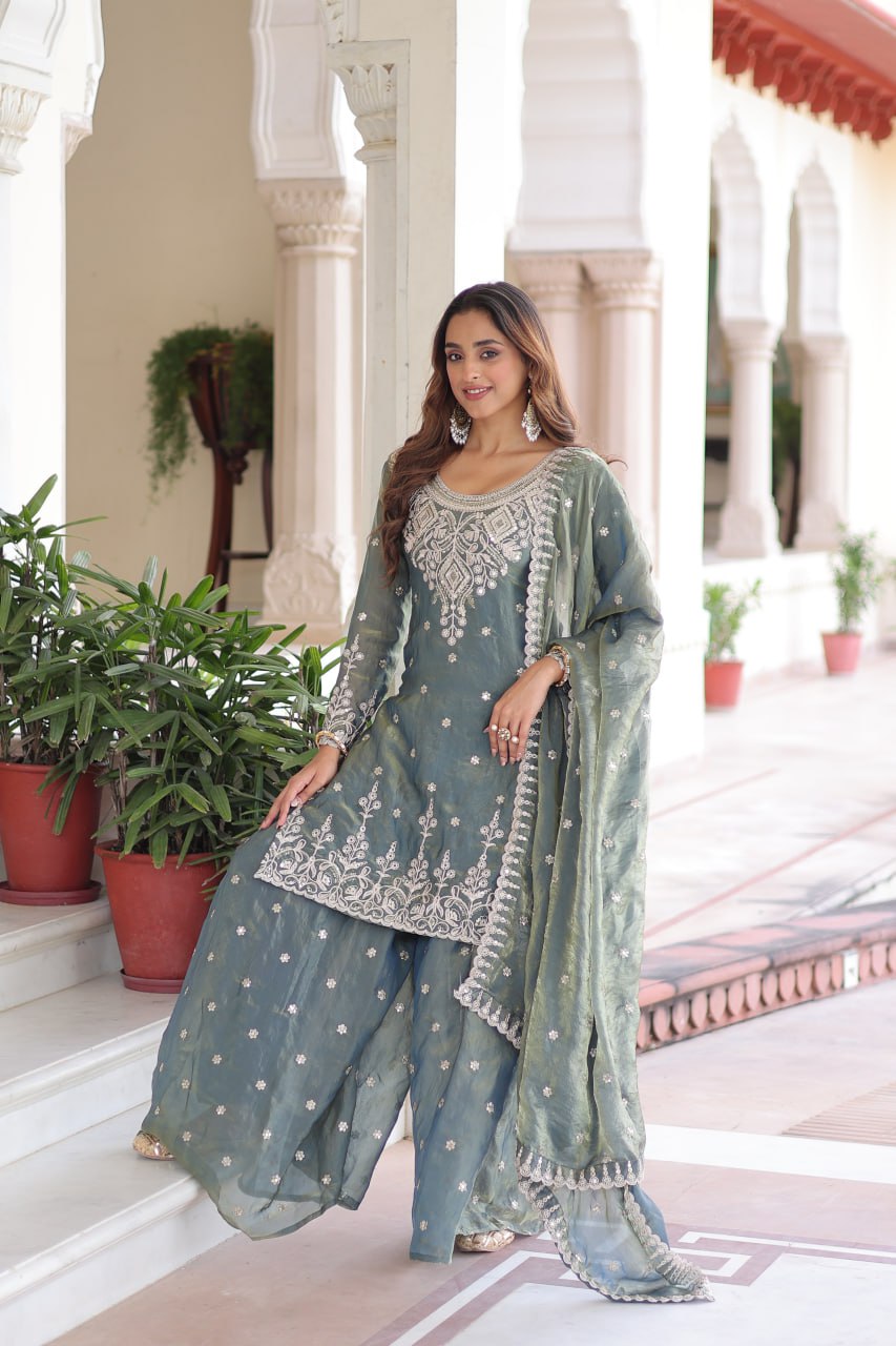 Smoke Gray Fendi Silk Coding Sequins Embroidered Kurti with Sharara & Designer Dupatta – Full Cotton Inner Party & Festive Wear Set ClothsVilla