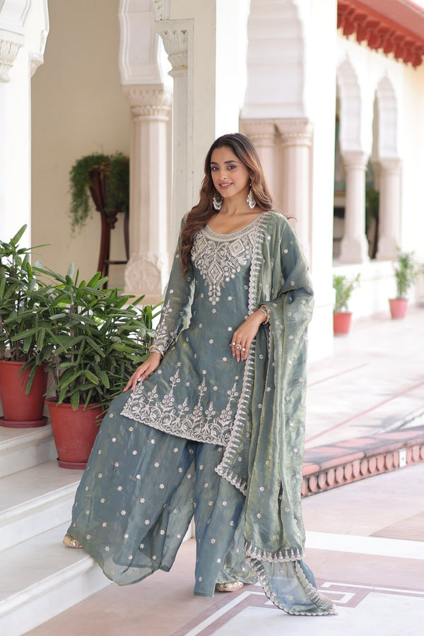 Smoke Gray Fendi Silk Coding Sequins Embroidered Kurti with Sharara & Designer Dupatta – Full Cotton Inner Party & Festive Wear Set ClothsVilla