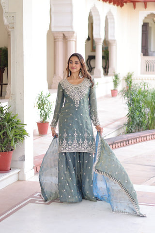 Smoke Gray Fendi Silk Coding Sequins Embroidered Kurti with Sharara & Designer Dupatta – Full Cotton Inner Party & Festive Wear Set ClothsVilla