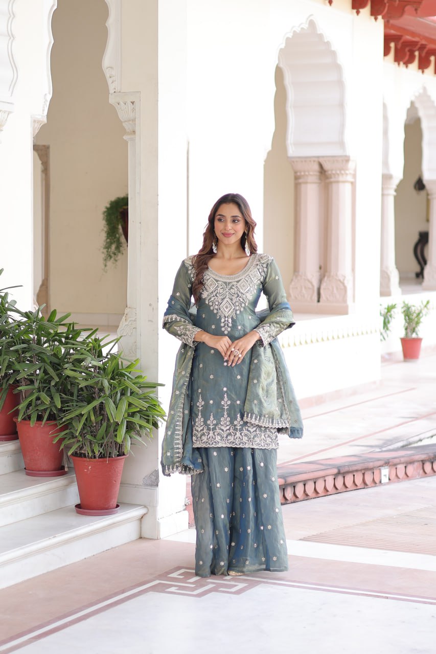Smoke Gray Fendi Silk Coding Sequins Embroidered Kurti with Sharara & Designer Dupatta – Full Cotton Inner Party & Festive Wear Set ClothsVilla