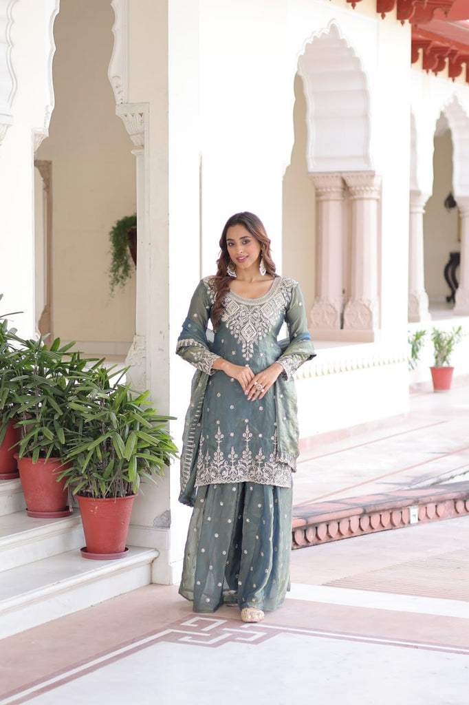Smoke Gray Fendi Silk Coding Sequins Embroidered Kurti with Sharara & Designer Dupatta – Full Cotton Inner Party & Festive Wear Set ClothsVilla