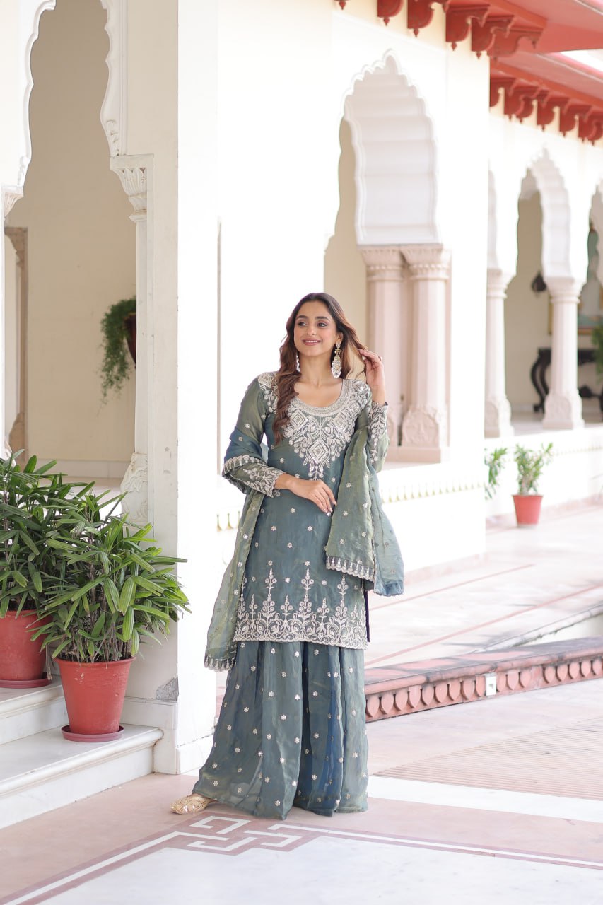 Smoke Gray Fendi Silk Coding Sequins Embroidered Kurti with Sharara & Designer Dupatta – Full Cotton Inner Party & Festive Wear Set ClothsVilla