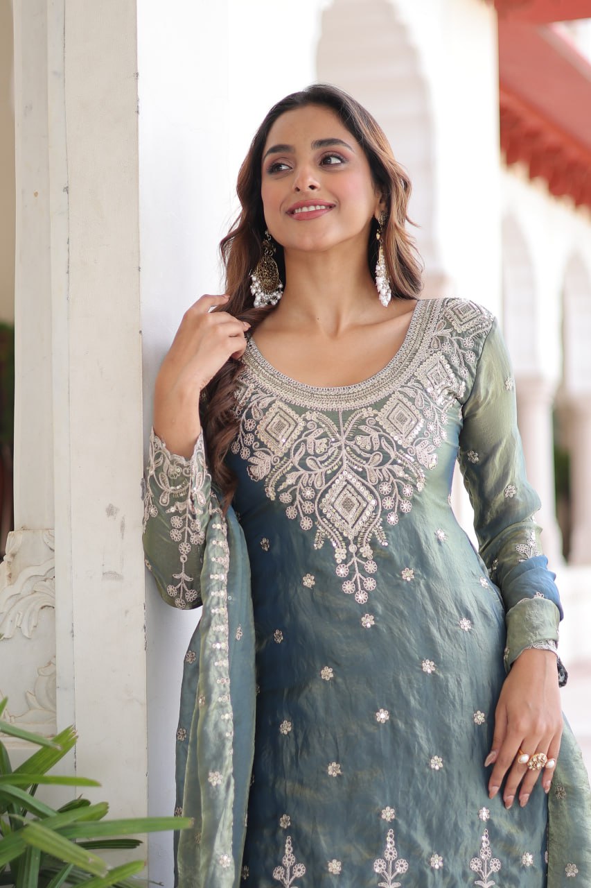 Smoke Gray Fendi Silk Coding Sequins Embroidered Kurti with Sharara & Designer Dupatta – Full Cotton Inner Party & Festive Wear Set ClothsVilla