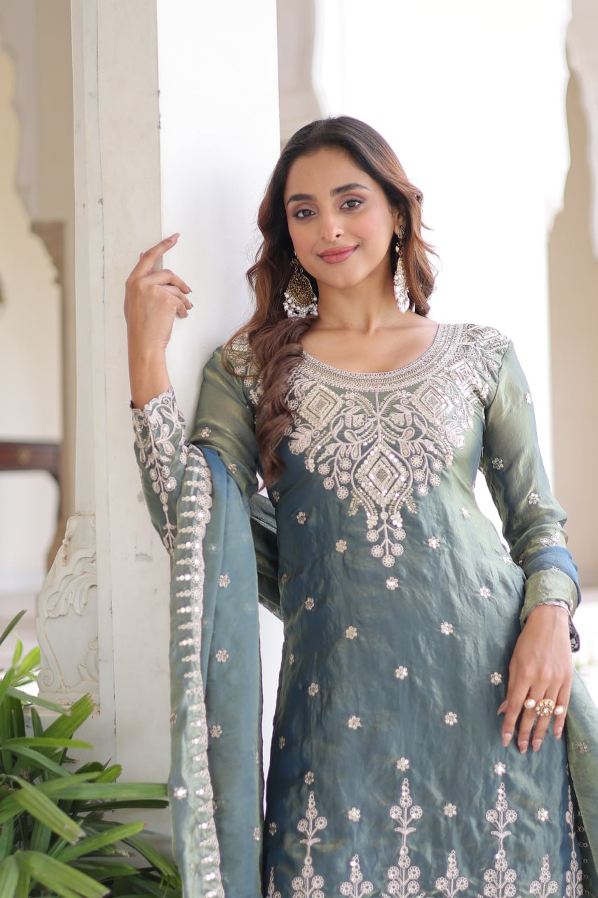 Smoke Gray Fendi Silk Coding Sequins Embroidered Kurti with Sharara & Designer Dupatta – Full Cotton Inner Party & Festive Wear Set ClothsVilla