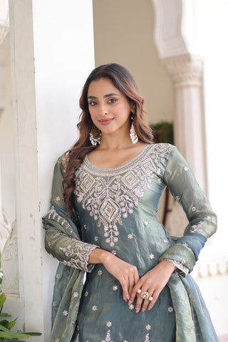 Smoke Gray Fendi Silk Coding Sequins Embroidered Kurti with Sharara & Designer Dupatta – Full Cotton Inner Party & Festive Wear Set ClothsVilla