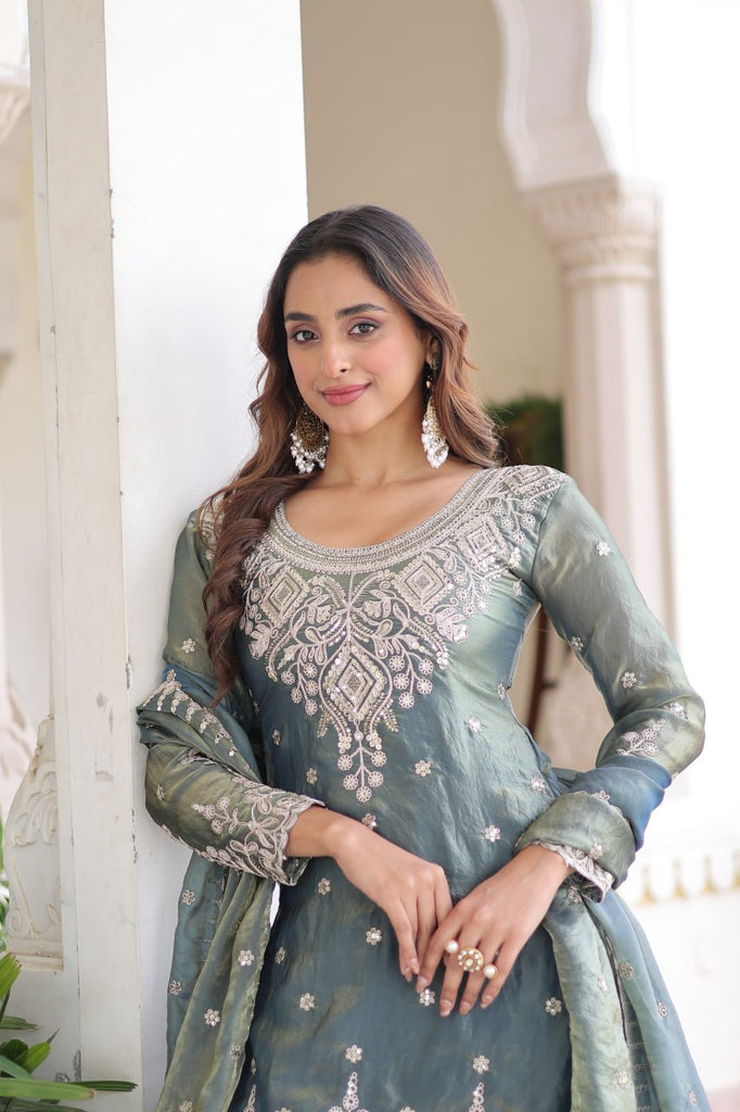 Smoke Gray Fendi Silk Coding Sequins Embroidered Kurti with Sharara & Designer Dupatta – Full Cotton Inner Party & Festive Wear Set ClothsVilla