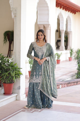 Smoke Gray Fendi Silk Coding Sequins Embroidered Kurti with Sharara & Designer Dupatta – Full Cotton Inner Party & Festive Wear Set ClothsVilla