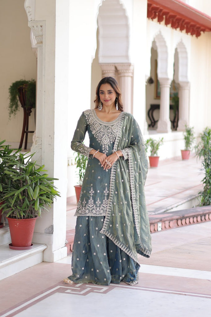 Smoke Gray Fendi Silk Coding Sequins Embroidered Kurti with Sharara & Designer Dupatta – Full Cotton Inner Party & Festive Wear Set ClothsVilla