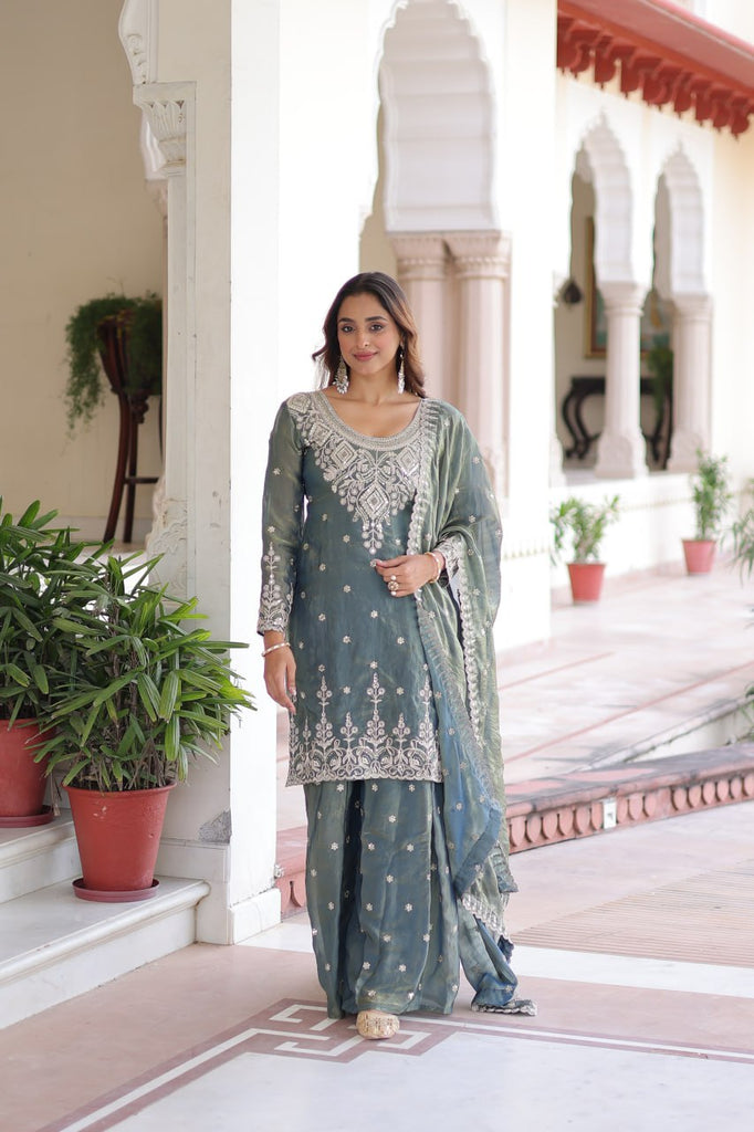 Smoke Gray Fendi Silk Coding Sequins Embroidered Kurti with Sharara & Designer Dupatta – Full Cotton Inner Party & Festive Wear Set ClothsVilla