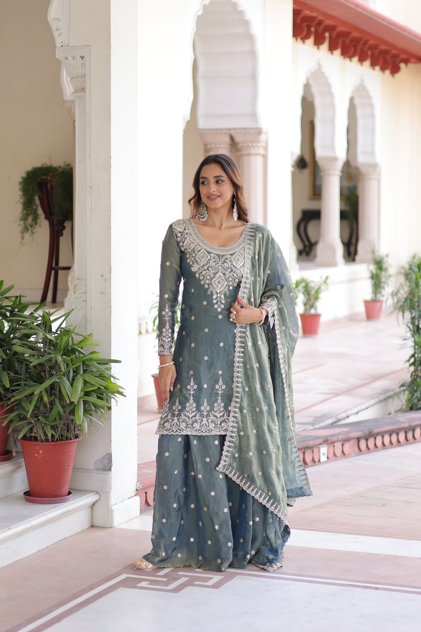 Smoke Gray Fendi Silk Coding Sequins Embroidered Kurti with Sharara & Designer Dupatta – Full Cotton Inner Party & Festive Wear Set ClothsVilla Main image