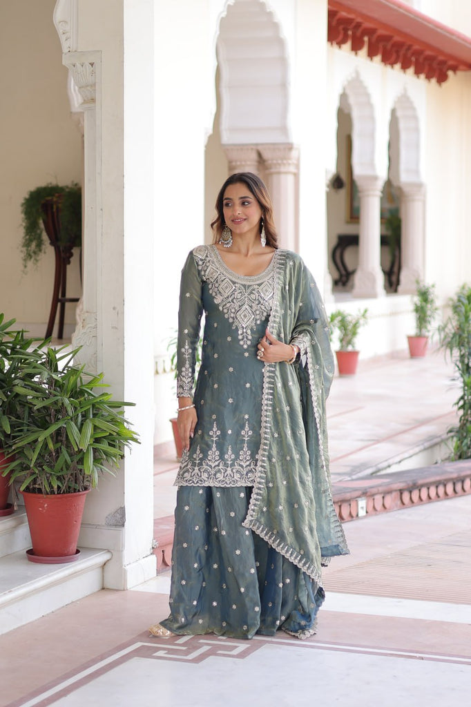 Smoke Gray Fendi Silk Coding Sequins Embroidered Kurti with Sharara & Designer Dupatta – Full Cotton Inner Party & Festive Wear Set ClothsVilla