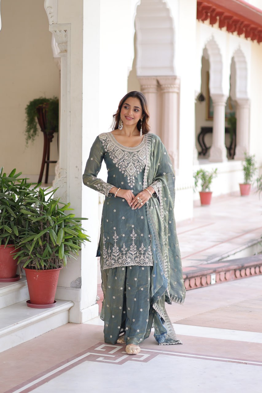 Smoke Gray Fendi Silk Coding Sequins Embroidered Kurti with Sharara & Designer Dupatta – Full Cotton Inner Party & Festive Wear Set ClothsVilla