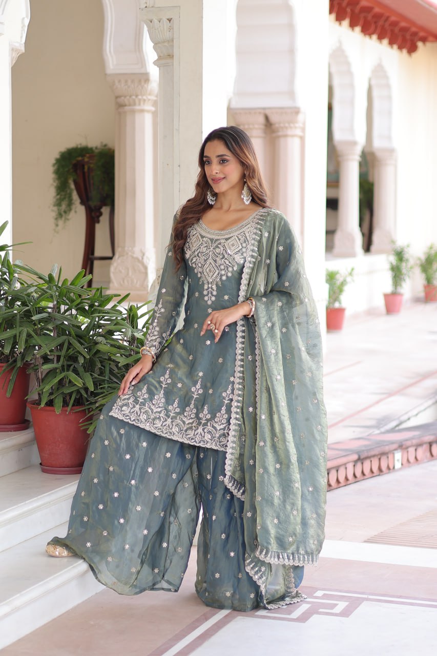 Smoke Gray Fendi Silk Coding Sequins Embroidered Kurti with Sharara & Designer Dupatta – Full Cotton Inner Party & Festive Wear Set ClothsVilla