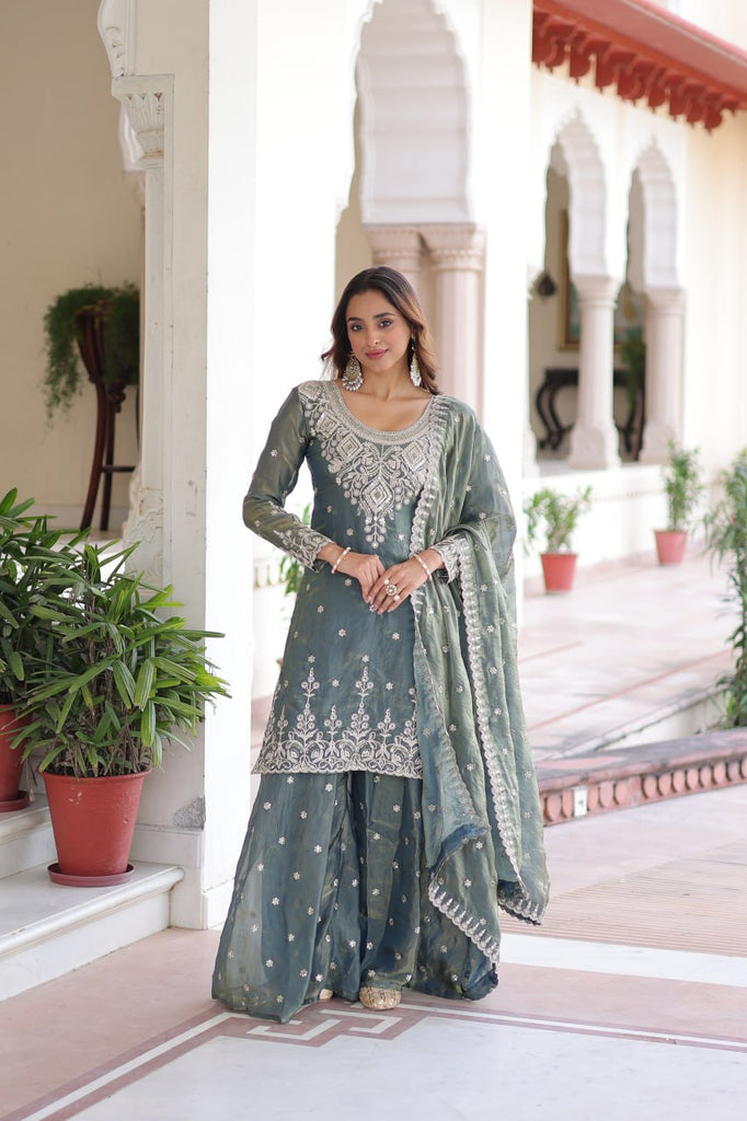 Smoke Gray Fendi Silk Coding Sequins Embroidered Kurti with Sharara & Designer Dupatta – Full Cotton Inner Party & Festive Wear Set ClothsVilla