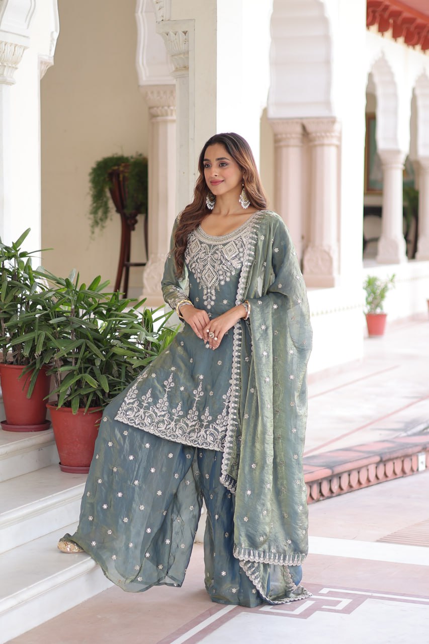 Smoke Gray Fendi Silk Coding Sequins Embroidered Kurti with Sharara & Designer Dupatta – Full Cotton Inner Party & Festive Wear Set ClothsVilla