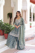 Load image into Gallery viewer, Smoke Gray Fendi Silk Coding Sequins Embroidered Kurti with Sharara &amp; Designer Dupatta – Full Cotton Inner Party &amp; Festive Wear Set ClothsVilla