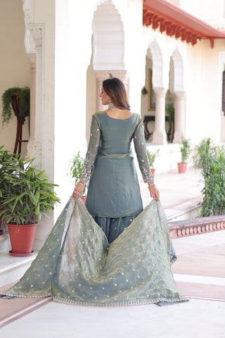 Smoke Gray Fendi Silk Coding Sequins Embroidered Kurti with Sharara & Designer Dupatta – Full Cotton Inner Party & Festive Wear Set ClothsVilla