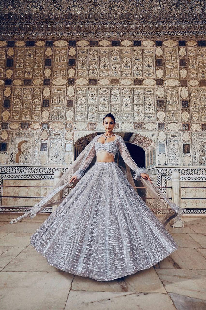 Smoke Gray Shimmer Silk Lehenga Set with Sequins & Dori Work – Unstitched Blouse & Net Dupatta ClothsVilla