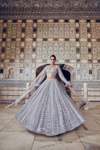 Smoke Gray Shimmer Silk Lehenga Set with Sequins & Dori Work – Unstitched Blouse & Net Dupatta ClothsVilla