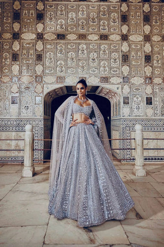 Smoke Gray Shimmer Silk Lehenga Set with Sequins & Dori Work – Unstitched Blouse & Net Dupatta ClothsVilla